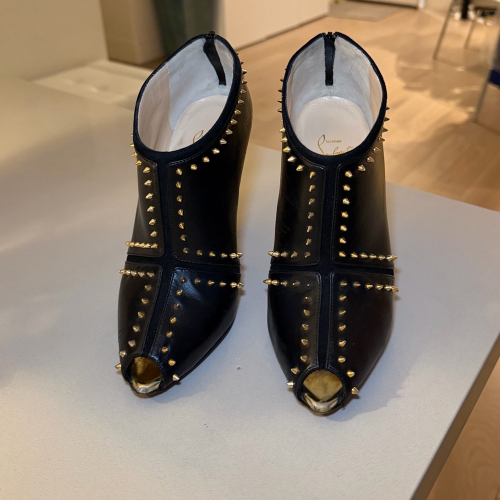 Christian Louboutin Black and Gold Studded Heeled Boots